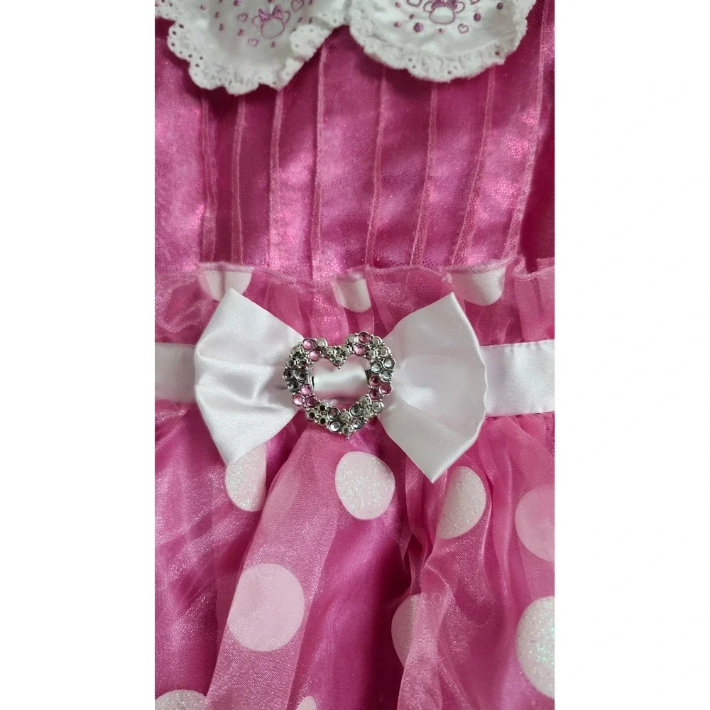 Disney Minnie Mouse Pink Polka Dot Costume Dress Size 4 Rhinestone Bow‎ Lace